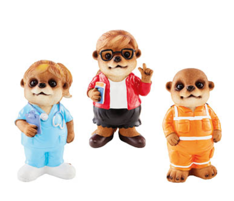 Outdoor meerkat figurines from Aldi  - a nurse, a teacher and an SES volunteer