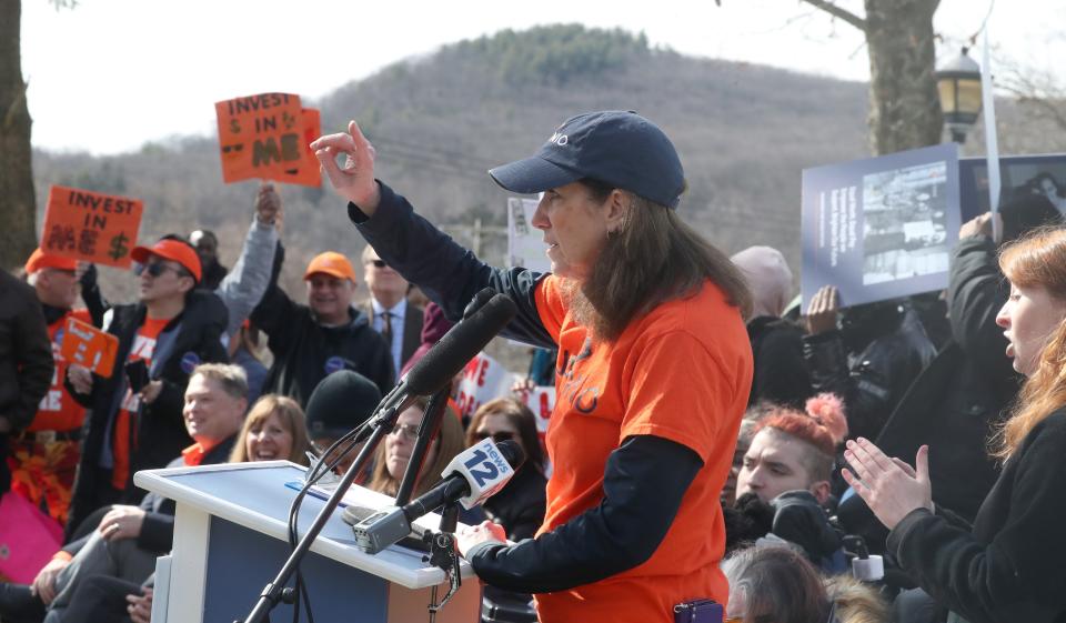 Diana Hess of Jawonio speaks at a rally for wage increases for Direct Service Professionals, or DSPs, the workers who help in group homes and day hab programs March 7, 2024 at Kirkbride Hall in Stony Point.