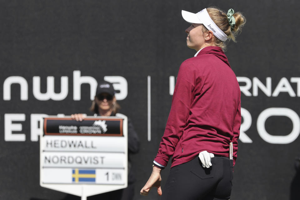 The United States' Nelly Korda gestures on the 14th green during the consolation match at the International Crown match play golf tournament in San Francisco, Sunday, May 7, 2023. (AP Photo/Benjamin Fanjoy)