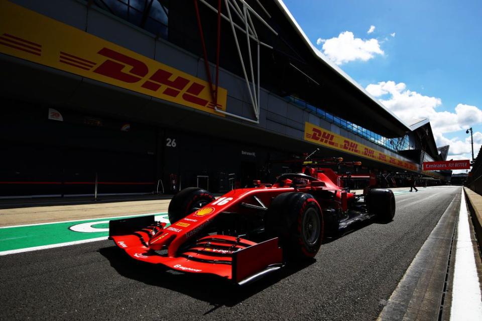 <p>Charles Leclerc of Monaco driving the (16) Scuderia Ferrari SF1000 in the Pitlane during qualifying for the F1 Grand Prix of Great Britain at Silverstone on August 01, 2020 in Northampton, England.</p>