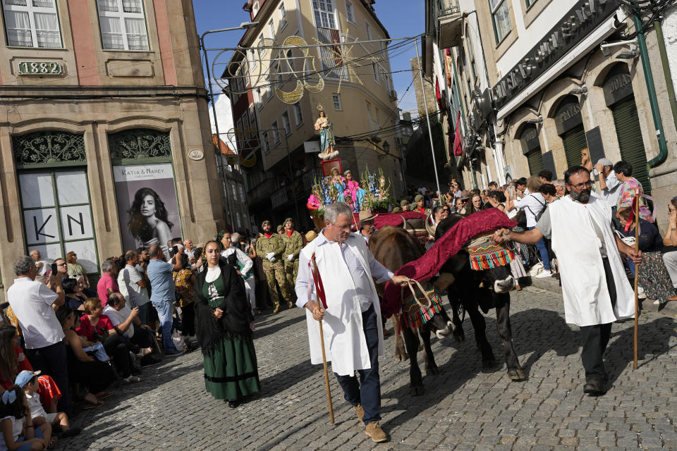 Pairs of oxen pull a boat-shaped float with an iconic century-old sacred image of Virgin Mary breastfeeding infant Jesus standing on the bow, during the Our Lady of Remedies procession in the small town of Lamego, in the Douro River Valley, Portugal, Friday, Sept. 8, 2023. One of Portugal's largest and oldest religious festivals, the two-week celebrations that culminate with the procession, draw thousands. (AP Photo/Armando Franca)