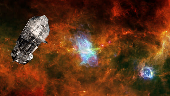This artist's illustration shows the European Space Agency's infrared Herschel Space Obsevatory set against a background image of the Vela C star-forming region. The space telescope launche din 2009 and ended its mission in 2013.