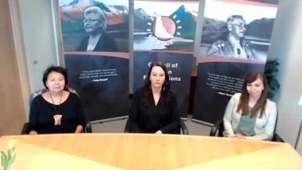 A screenshot of a live-streamed news conference with speakers Norma Shorty (left), Shadelle Chambers (centre), and Lauren McGinty on March 9.