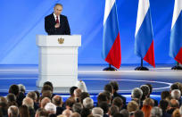 Russian President Vladimir Putin addresses the State Council in Moscow, Russia, Wednesday, Jan. 15, 2020. (AP Photo/Alexander Zemlianichenko, Pool)