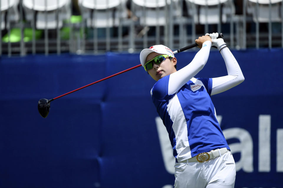 Hyo Joo Kim watches her tee shot off the first hole during the final round of the LPGA Walmart NW Arkansas Championship golf tournament, Sunday, June 30, 2019, in Rogers, Ark. (AP Photo/Michael Woods)