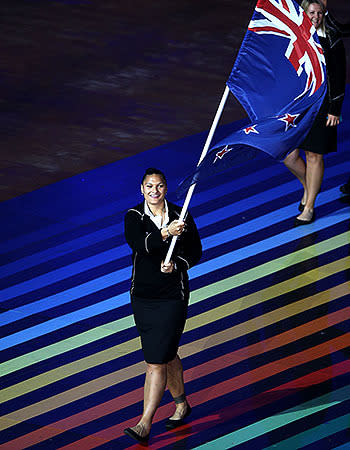 Flag bearer and Shot Putter Valerie Adams of New Zealand during the Opening Ceremony for the Glasgow 2014 Commonwealth Games.