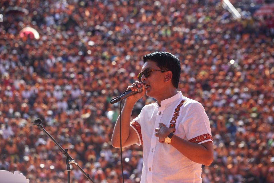 President, Andry Rajoelina, addresses supporters at an election rally in Antananarivo, Sunday Nov. 12, 2023. Rajoelina is pushing ahead with a presidential election, Thursday, Nov. 16, that could give him a third term, even as opposition protests roil the country and the majority of candidates have announced a boycott. (AP Photo/Alexander Joe)