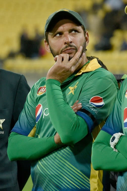 Pakistan captain Shahid Afridi looks on at the presentation ceremony after losing the third T20 cricket match between New Zealand and Pakistan at Westpac Stadium in Wellington on January 22, 2016