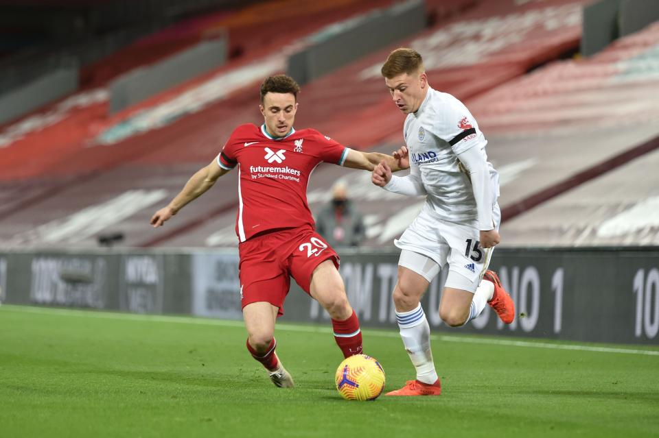 Diogo Jota (left) scored Liverpool’s second after a Jonny Evans own goalPOOL/AFP via Getty Images