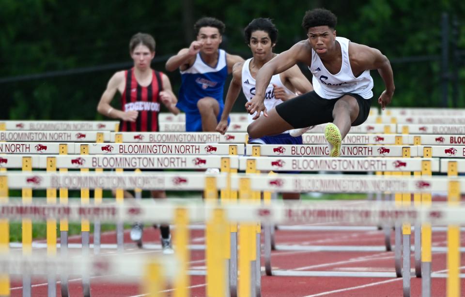 Bloomington South’s D’Andre Black leads the field in the 110 meter hurdles during the IHSAA boys’ track and field sectional championship at Bloomington North on Thursday, May 16, 2024.