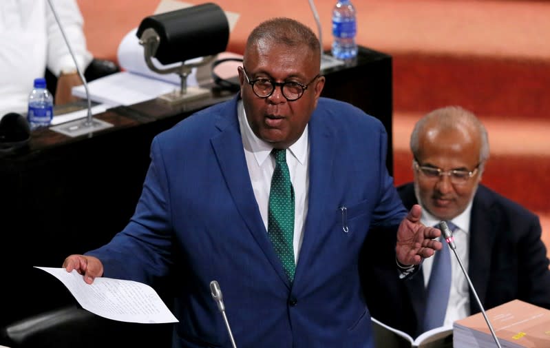 FILE PHOTO: Sri Lankan Finance Minister Mangala Samaraweera presents the 2019 budget proposals at the parliament in Colombo