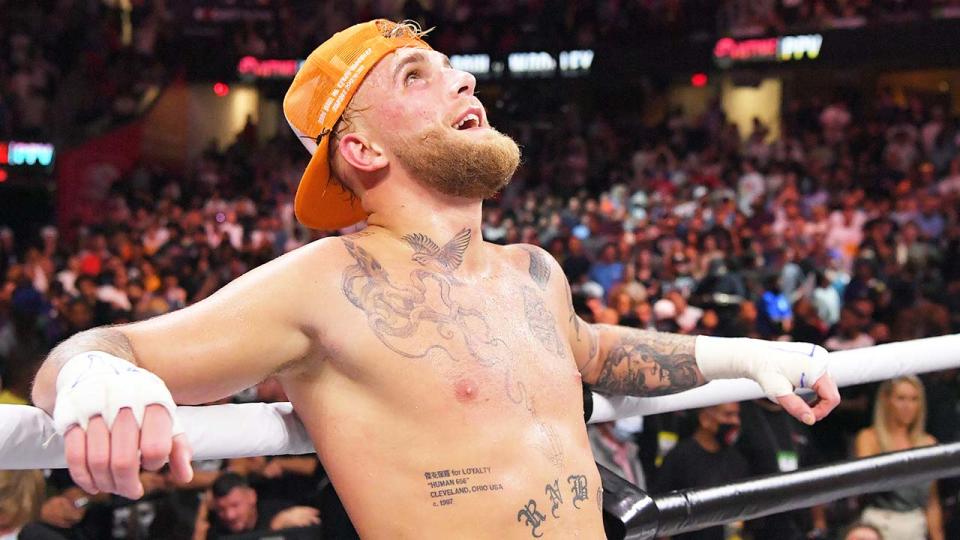 Jake Paul (pictured) leaning against the ropes after his fight against former UFC star Tyrone Woodley.