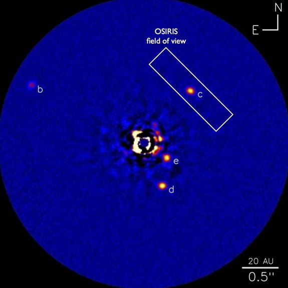 One of the discovery images of the supersized alien solar system around the star HR 8799, about 130 light-years from Earth, obtained by the Keck II telescope using an adaptive optics system and NIRC2 Near-Infrared Imager. The rectangle indicate