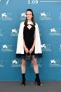 <p><strong>3 September</strong> Stacy Martin wore a black Louis Vuitton mini dress with matching monochrome cape and pointed ankle boots. </p>