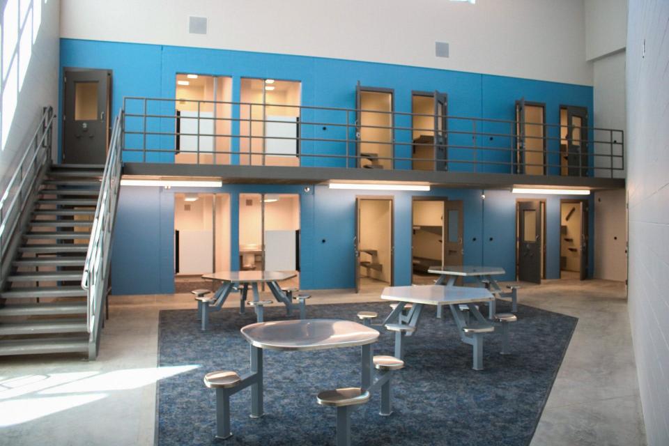 A cell block at the new Saline County Jail. Most cells will be color-coordinated with inmate gowns matching the theme of the cell blocks. This one is a turquoise blue.