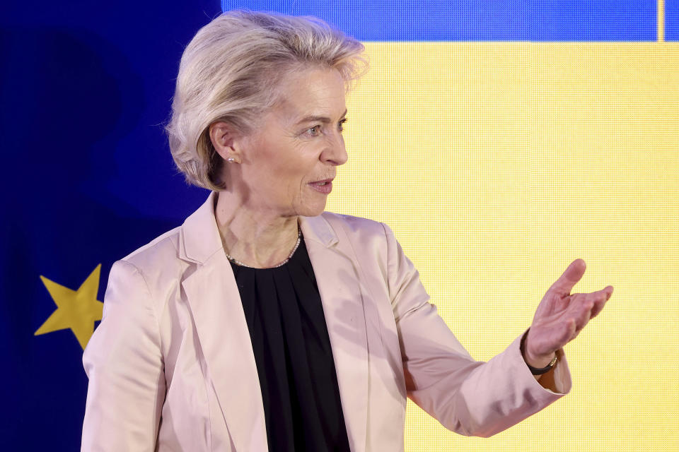 European Commission President Ursula von der Leyen gestures prior to the meeting with the President of the Council of Ministers of Bosnia and Herzegovina Borjana Kristo in Sarajevo, Bosnia, Wednesday, Nov. 1, 2023. (AP Photo/Armin Durgut)