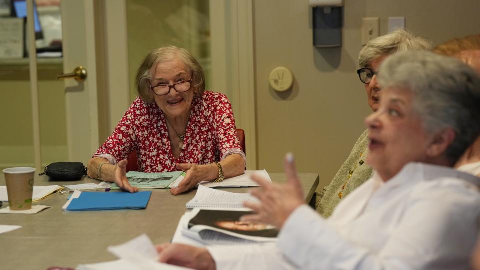 Retired 96 year old Teaneck English teacher Eva Barron leads the Creative Writing Club at Arbor Terrace, a retirement community in Teaneck, NJ on February 16, 2023.
