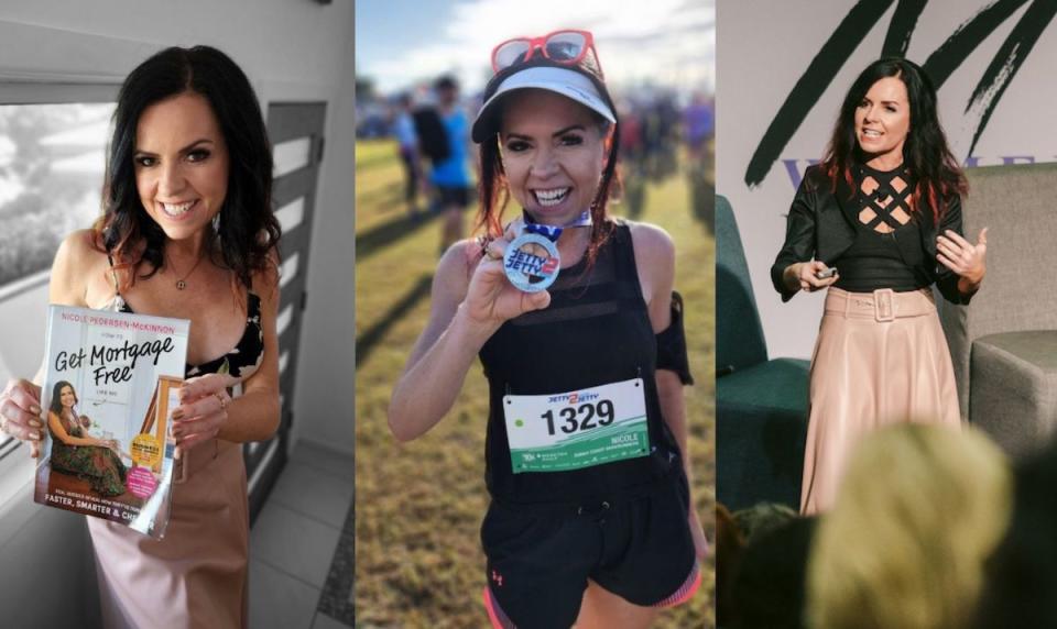 Compilation photo image of Nicole Pedersen-McKinnon holding a book about money mortgage, finishing a run and at a speaking at an event