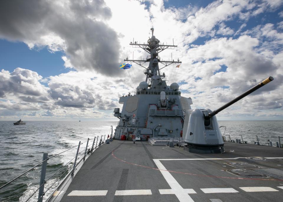 The Arleigh Burke-class guided-missile destroyer USS Arleigh Burke (DDG 51) gets in formation during a ship maneuvering exercise with the Finnish Navy Hamina-class missile boat FNS Hamina (80) and the Swedish Navy ship HMS Kullen (M74), July 15, 2022.