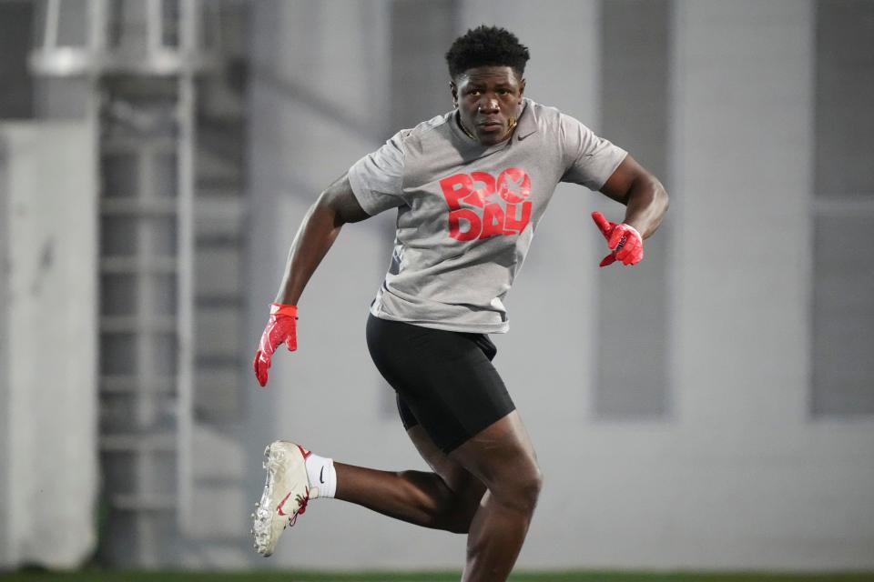 Mar 20, 2024; Columbus, Ohio, USA; Former Ohio State Buckeyes safety Jahsen Wint works out during Pro Day at the Woody Hayes Athletic Center.
