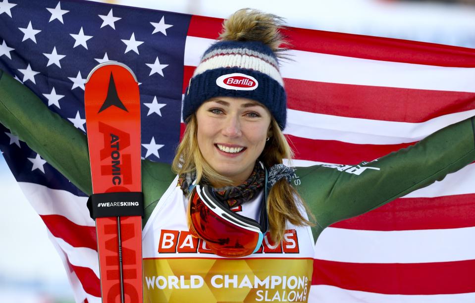 United States' Mikaela Shiffrin poses after winning the women's slalom, at the alpine ski World Championships in Are, Sweden, Saturday, Feb. 16, 2019. (AP Photo/Marco Trovati)