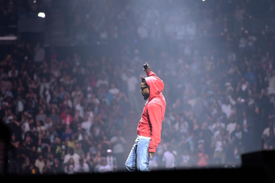 INGLEWOOD, CALIFORNIA - JUNE 19: Kendrick Lamar performs onstage during The Pop Out – Ken & Friends Presented by pgLang and Free Lunch at The Kia Forum on June 19, 2024 in Inglewood, California.