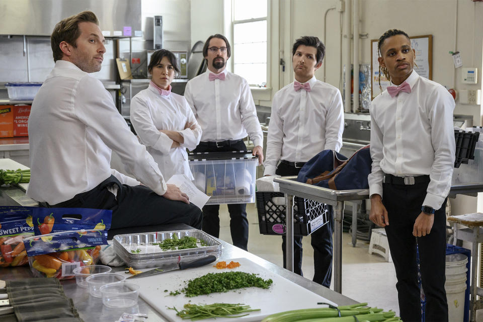 This image released by Starz shows Ryan Hansen, from left, Zoe Chao, Martin Starr, Adam Scott and Tyrel Jackson Williams in a scene from the third season of "Party Down." (Colleen Hayes/Starz via AP)