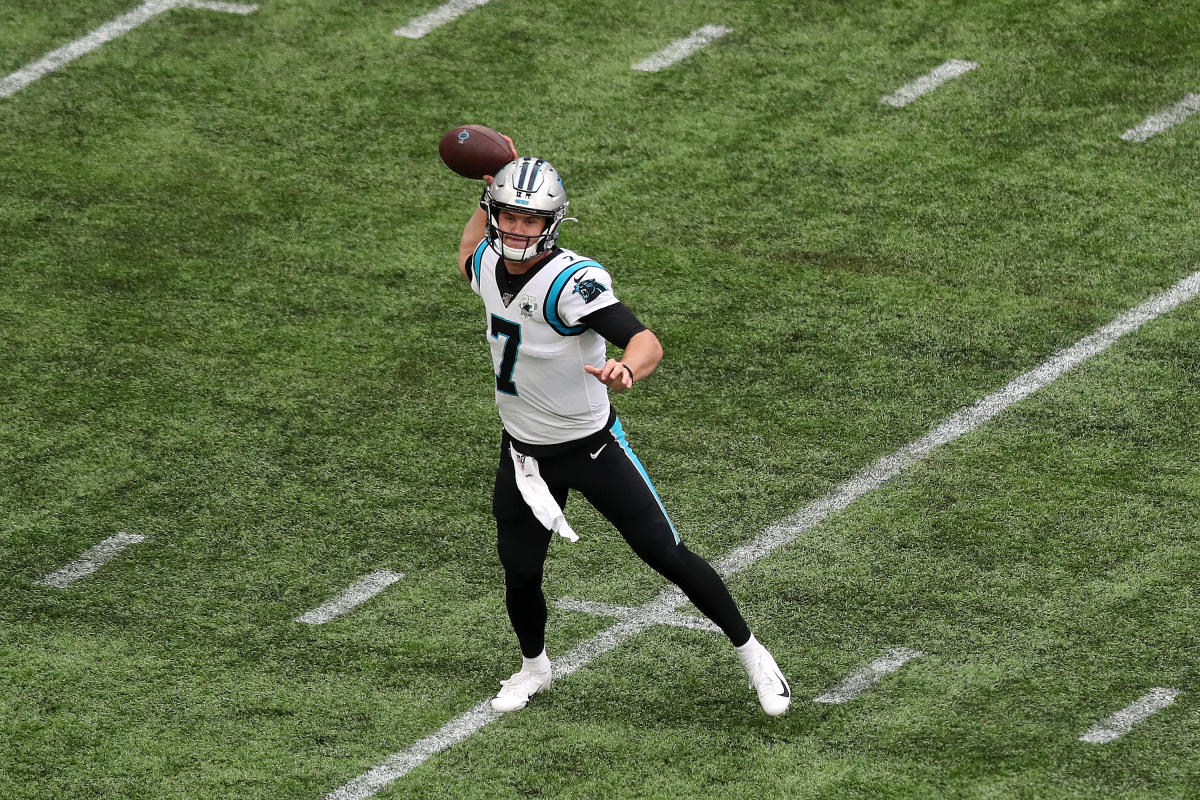 Carolina Panthers quarterback Kyle Allen (7) warms up prior to an