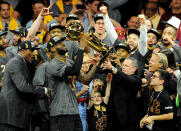 Jun 19, 2016; Oakland, CA, USA; Cleveland Cavaliers forward LeBron James (23) celebratew with the Larry O'Brien Championship Trophy after beating the Golden State Warriors in game seven of the NBA Finals at Oracle Arena. Mandatory Credit: Gary A. Vasquez-USA TODAY Sports TPX IMAGES OF THE DAY
