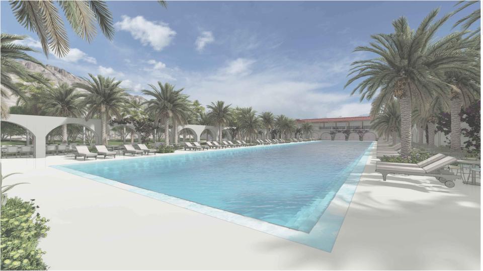 A rendering of the proposed west pool deck redevelopment by Soho House at Colony 29 in Palm Springs.