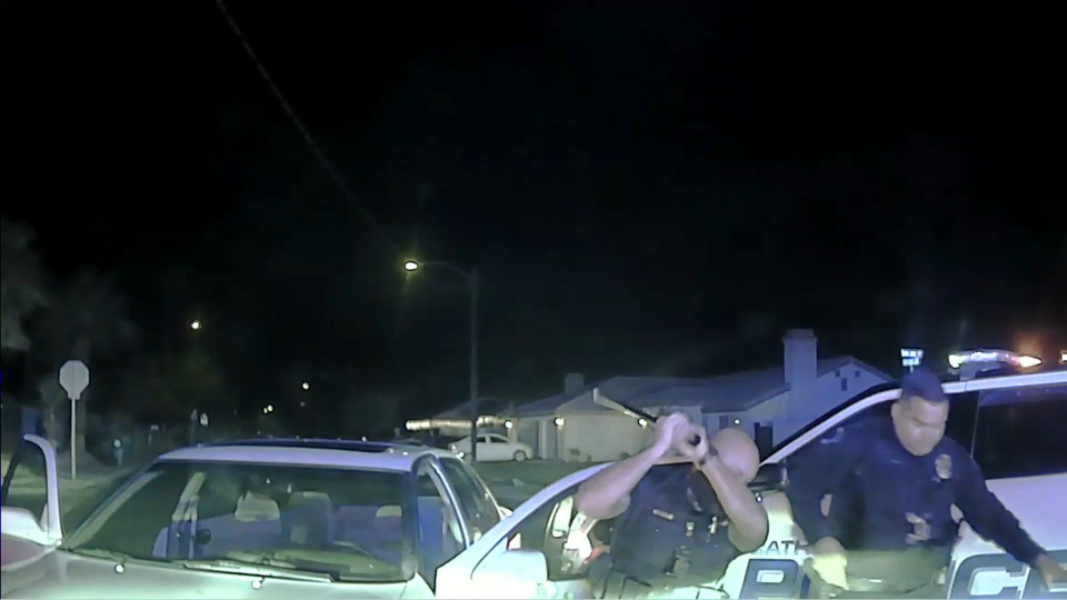 Video footage from the Cathedral City Police Department shows Officer Jeffrey Aguirre hitting a suspect with a baton during their arrest on Nov. 21, 2020 .