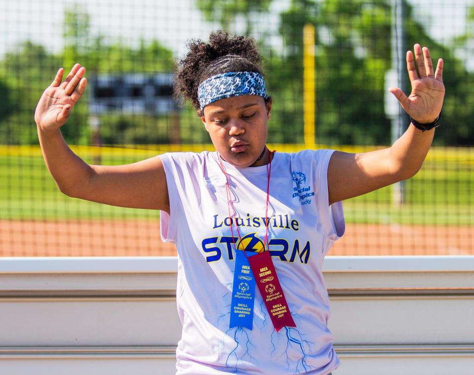 "I need to go somewhere an lay down," said Michaela Hickerson of the Louisville Storm while taking a deep breath to cool herself down after running at the Kentucky Special Olympics Area 4 track meet at Mercy Academy in Louisville, Ky on May 14, 2022.  Hickerson will represent Team Kentucky in the Special Olympics USA games in June 2022.