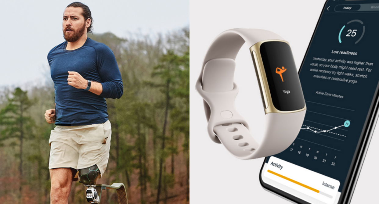 fitbit, man with one prosthetic leg running outside in woods and fitbit charge 5 watch and phone on split screen