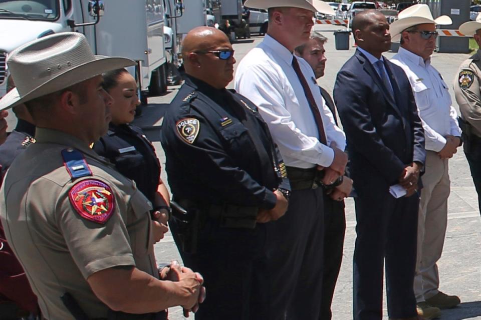 Pete Arredondo third from left at a press conference after the massacre (Copyright 2022 The Associated Press. All rights reserved)