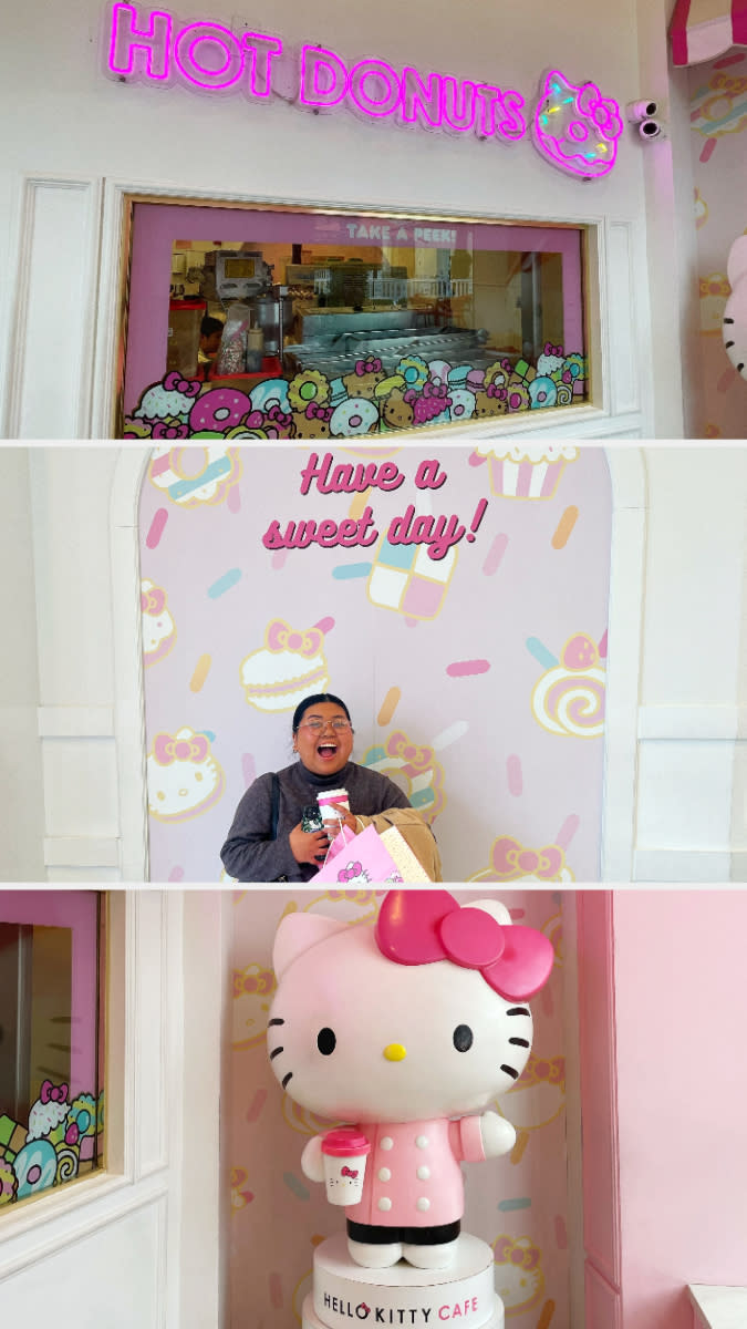 There's a window for hot donuts, a big Hello Kitty statue, and the author posing inside of the Hello Kitty Cafe