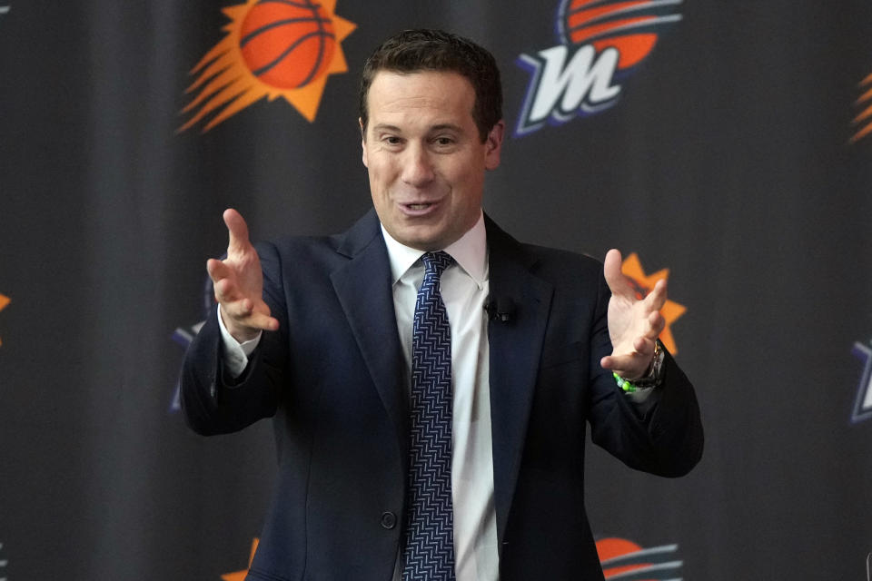 Mat Ishbia, new controlling interest owner of the Phoenix Suns and Phoenix Mercury, talks to the media during a basketball news conference, Wednesday, Feb. 8, 2023, in Phoenix. (AP Photo/Rick Scuteri)