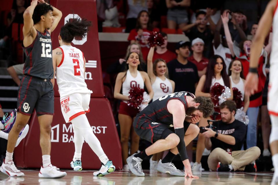 Oklahoma Sooners forward Tanner Groves (35) reacts after getting called for a foul during a men's college basketball game between the University of Oklahoma Sooners (OU) and Texas Tech at Lloyd Noble Center in Norman, Okla., Tuesday, Feb. 21, 2023. Texas Tech won 74-63.