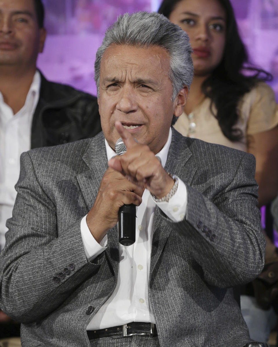 Ecuador's President Elect Lenin Moreno speaks to his campaign volunteers in Quito, Ecuador, Tuesday, April 4, 2017. Juan Pablo Pozo, president of the electoral council, announced the razor-thin election win by Moreno in a nationwide broadcast on radio and television. He said the results were “official, irreversible” with 99.65 percent of the votes counted. (AP Photo/Dolores Ochoa)