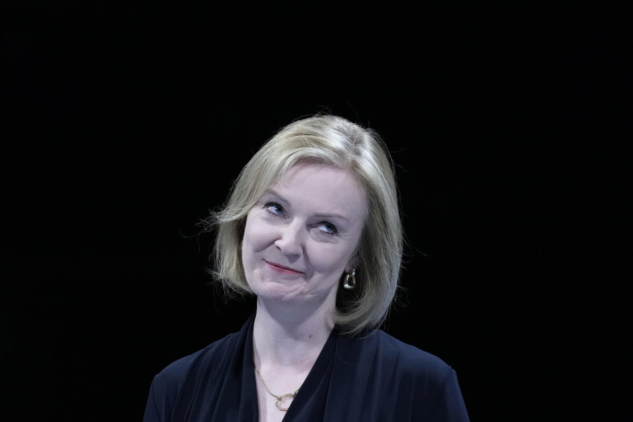 LEEDS, ENGLAND - JULY 28: Foreign Secretary Liz Truss reacts during the Leeds Hustings at Elland Road on July 28, 2022 in Leeds, England. Former Chancellor Rishi Sunak and current Foreign Secretary Liz Truss woo Conservative Party faithful at the first leadership contest members' hustings. (Photo by Christopher Furlong/Getty Images)