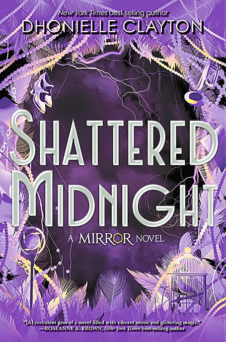 Best Halloween Books: Shattered Midnight
by Dhonielle Clayton book cover that shows magical purple backdrop with the title over top 