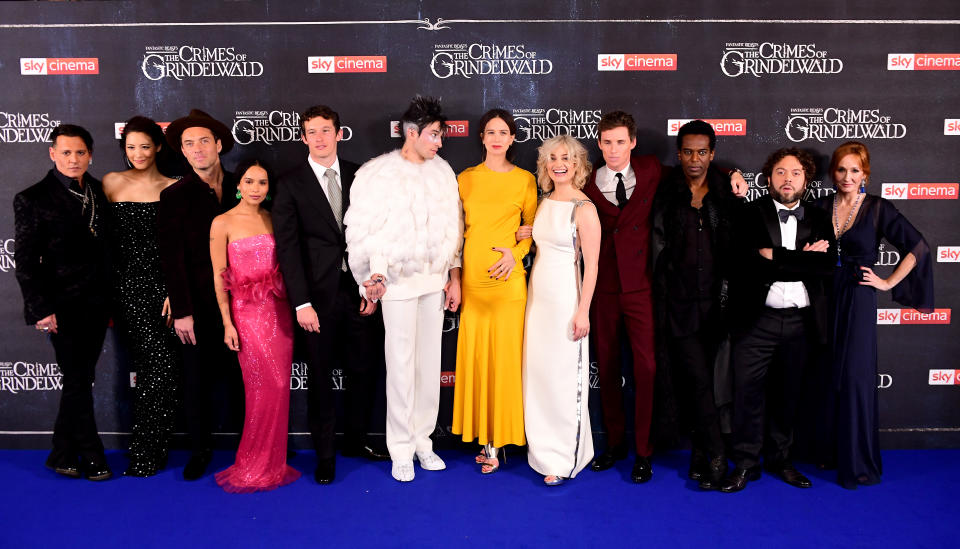 Johnny Depp (left to right), Claudia Kim, Jude Law, Zoe Kravitz, Callum Turner, Ezra Miller, Katherine Waterston, Alison Sudol, Eddie Redmayne, William Nadylam, Dan Fogler and JK Rowling attending the Fantastic Beasts: The Crimes Of Grindelwald UK premiere (Ian West/PA)