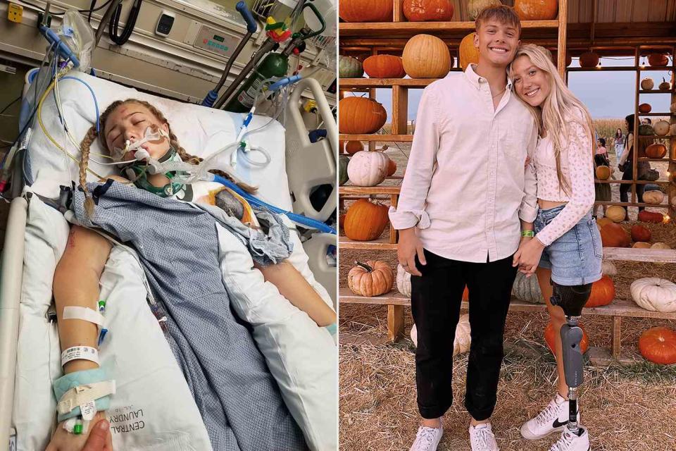 <p>Courtesy of Kennedy Littledike</p> Kennedy Littledike in the hospital after her 2021 accident and now with her boyfriend