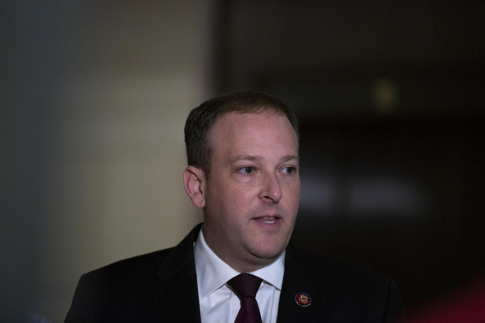 Representative Lee Zeldin, a Republican from New York, speaks to members of the media before a closed-door testimony with Fiona Hill, former National Security Council Russia expert, on Capitol Hill in Washington, D.C., U.S., on Monday, Oct. 14, 2019.  / Credit: Stefani Reynolds/Bloomberg via Getty Images