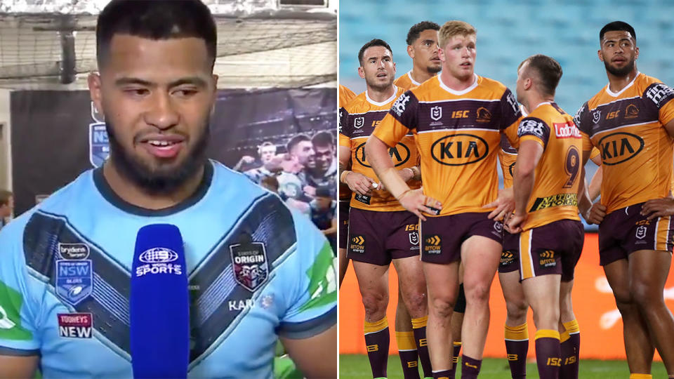 Pictured here, Payne Haas speaking after NSW's win and with the Broncos in the NRL on the right.