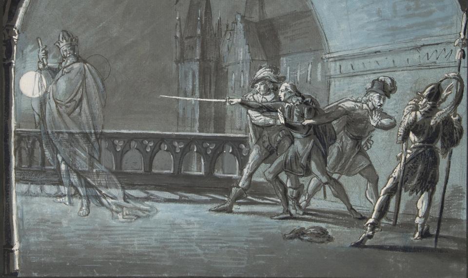 A drawing showing the ghost of the King appearing to Hamlet, Horatio, and Guards