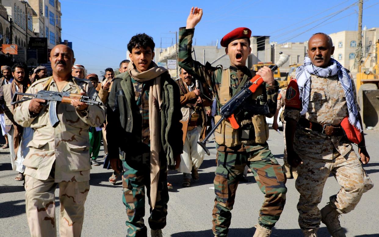 Houthi fighters during a solidarity march for Palestinians in Sanaa on Thursday