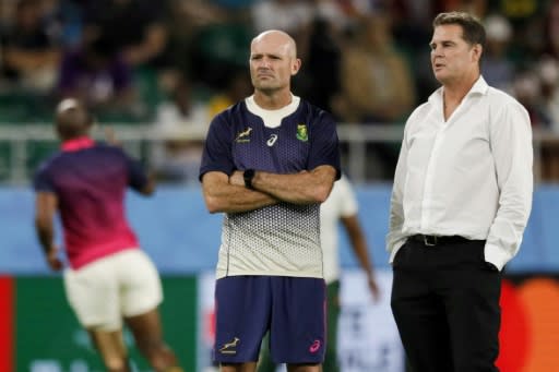 Jacques Nienaber (left) was confirmed on Friday as new South Africa head coach, taking over from Rassie Erasmus (right) who remains as director of rugby