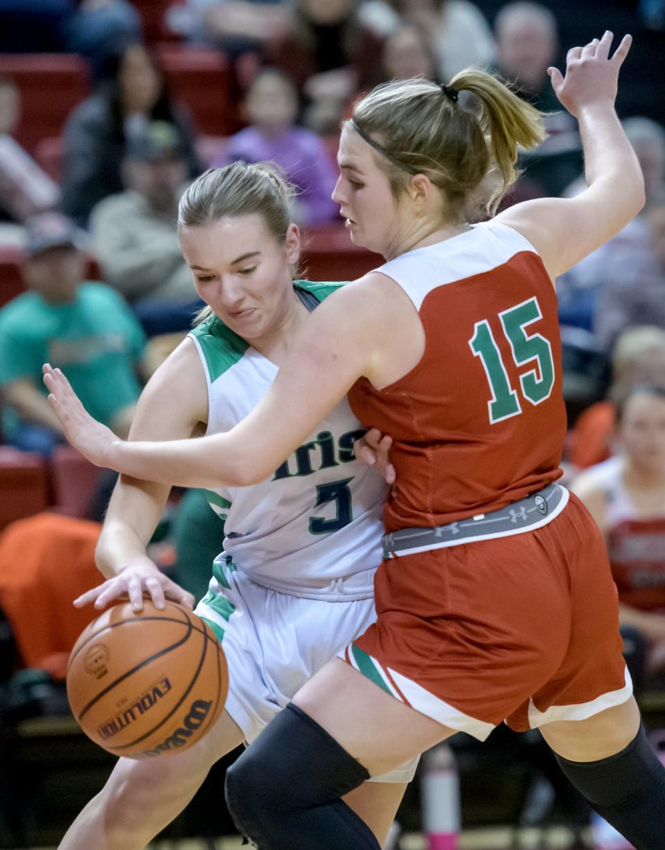 Lincoln's Piper Whiteman (15) pressures Peoria Notre Dame's Julia Mingus in the first half of their nonconference basketball game Saturday, Jan. 20, 2024 at Renaissance Coliseum in Peoria. The Irish fell to the Railsplitters 63-52.