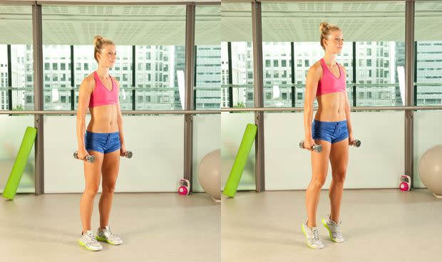 Woman performs calf raise holding dumbbells