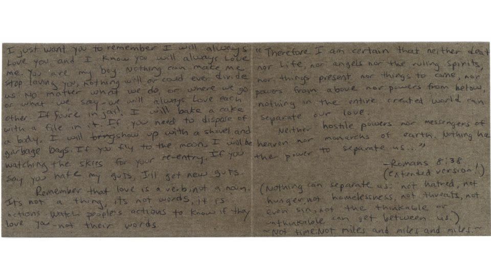 An undated letter obtained by CNN, which Roberta Laundrie says she wrote before Brian and Gabby's trip. - Obtained by CNN